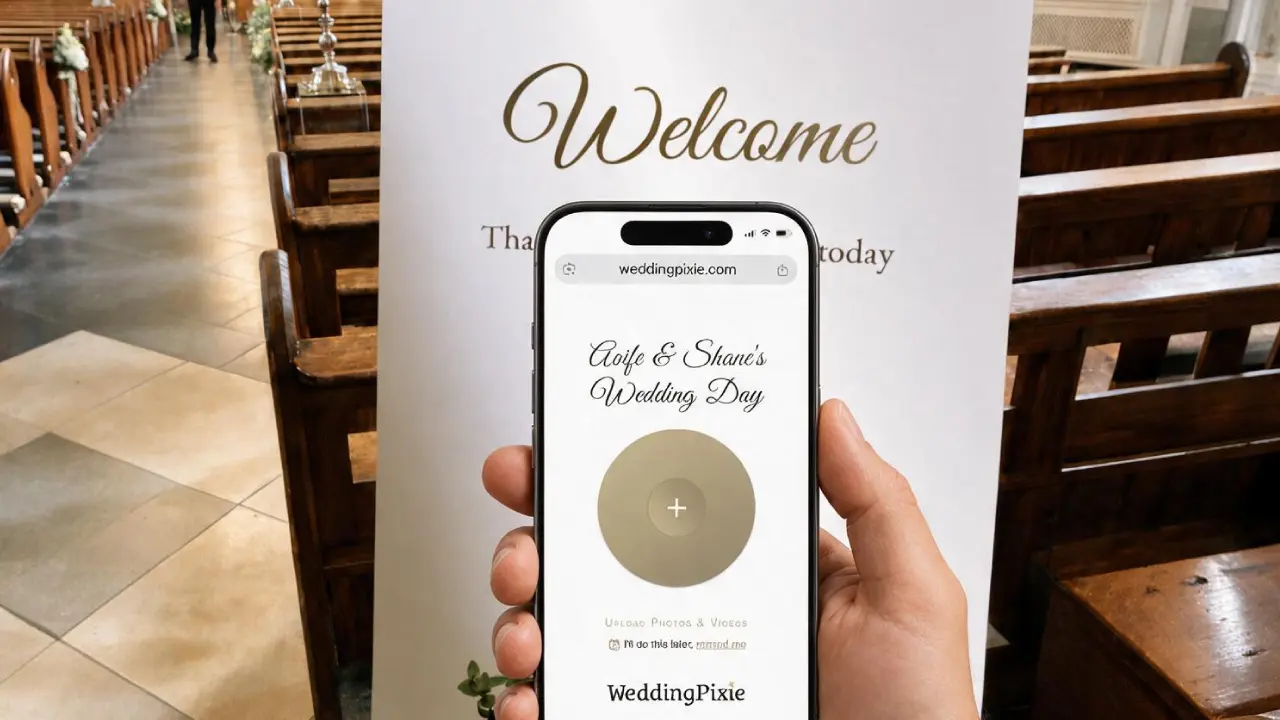 Wedding guest scanning a QR code welcome sign on a phone inside a church aisle
