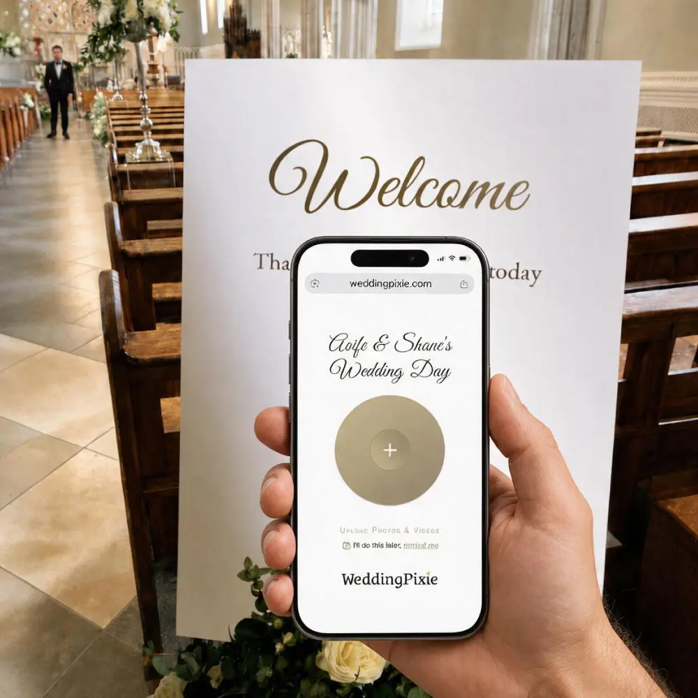 Wedding guest scanning a QR code welcome sign on a phone inside a church aisle