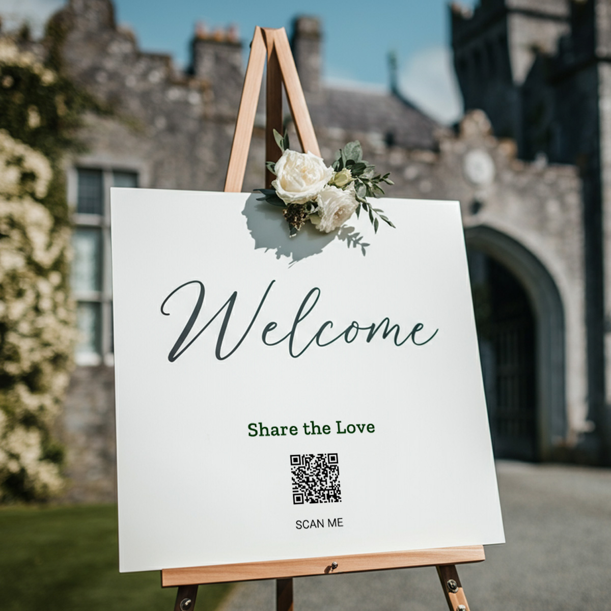 Wedding QR Code on a welcome sign outside an Irish Castle